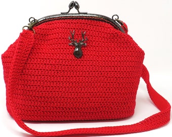 Sac Dirndl rouge avec fermeture clip + bandoulière, Gamaguchi, look vintage, sac chic pour vous ou comme cadeau