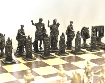 Handcrafted Pewter Roman Chess Set: Ancient Empire Sculptures
