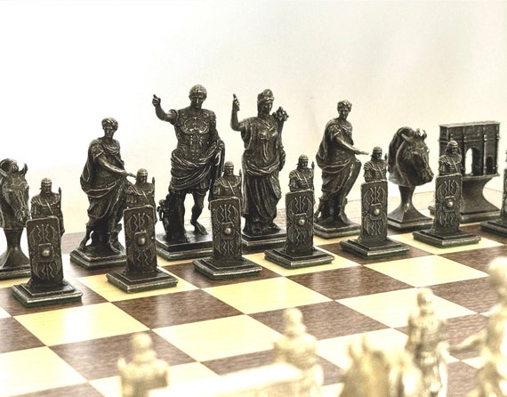 Set Scacchi Antico Impero Romano – Scacchiera In Massello Intarsiato Fatto A Mano Idea Regalo