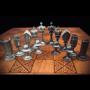Medieval Chess Set (Pieces & Presentation Box Only), Unique Metal Chessmen, Pewter Chess Pieces, Antique Board Game Pieces, Renaissance Gift