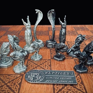 Reptile Chess Set – Handcrafted Pewter Chess Pieces Only | Crocodile, Cobra, Iguana & Chameleon Design | Metal Animal Chess Gift