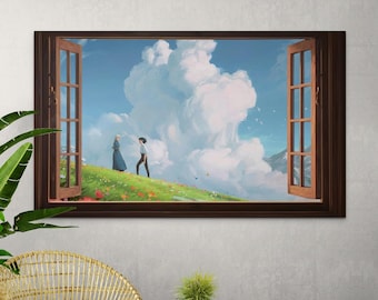 Von Ghibli inspirierte Leinwand: Fantasy Fensteransicht, Anime Landschaft