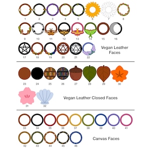 Peut inclure: Une collection de quarante-six faces circulaires et façonnées en cuir végétalien et toile pour accessoires, organisées en rangées et numérotées. Les motifs incluent des fleurs, des papillons, des éléments célestes, géométriques et des feuilles.