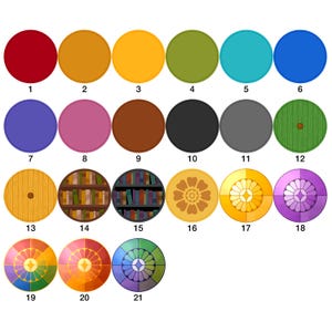 May include: A collection of twenty-one circular icons arranged in rows, featuring various solid colors, wood grain textures, bookshelf illustrations, and geometric floral patterns labeled with numbers one through twenty-one for identification.