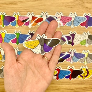 Puede incluir: Una colección de pegatinas de mariposas coloridas con diferentes colores de banderas de orgullo. Las pegatinas están dispuestas en filas sobre una superficie de madera. Una pegatina está siendo sostenida por una mano, mostrando los colores de la bandera del orgullo genderqueer.