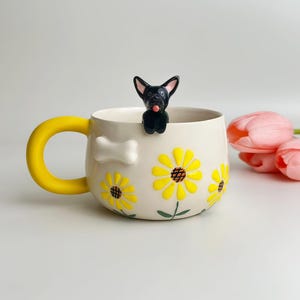 Taza de cerámica personalizada con flores de girasol hechas a mano para mascotas / Regalo conmemorativo personalizado para mascotas, taza de cerámica personalizada para perros, regalo para dueños de perros, regalo de cumpleaños, 400 ml