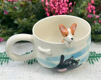 Custom Pet Portrait Coffee Mug: Handmade Ceramic, Dog & Cat Memorial Gift