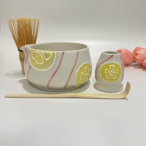 Hand Painted Cute Lemon Ceramic Matcha Bowl Set,Large Capacity Matcha Bowl, Birthday Gift,Personalized Lemon Matcha Bowl,Matcha Bowl Set