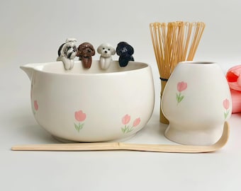 Custom Tulip Flowers Pet Ceramic Matchat Set,Custom Pet Ceramic Matcha Bowl,Memorial Gift for Pet Lovers, peekaboo Bowl,Hidden Animal Bowl