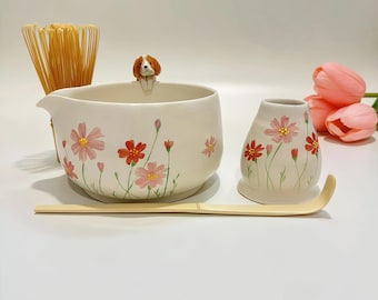Custom Cute Flowers Pet Ceramic Matchat Set,Custom Pet Ceramic Matcha Bowl,Memorial Gift for Pet Lovers, peekaboo Bowl,Hidden Animal Bowl