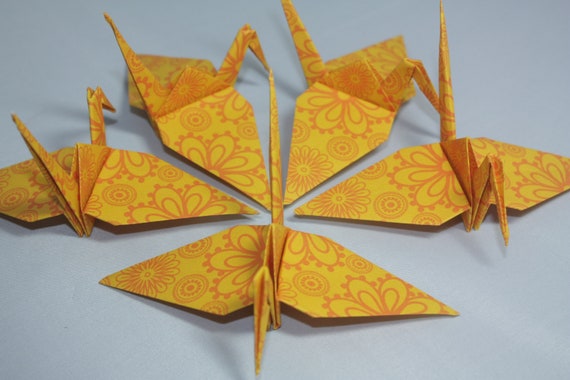 20 Origami Cranes Bright Yellow Indian Style Flower Design India Floral