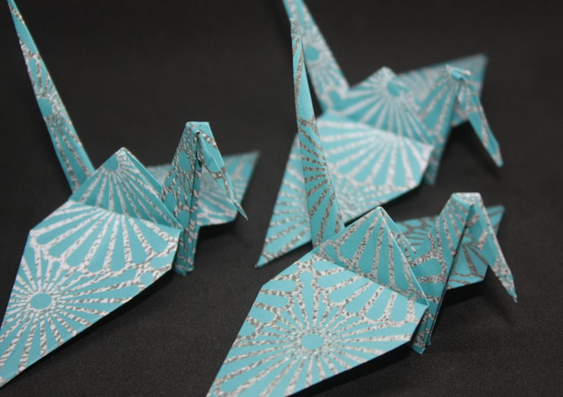 Happiness and Luck Long Life 20 Origami Crane Wedding Favours Aqua and SilverGrey Design Print Bird Symbolising Heath
