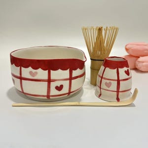 Hand Painted Red Checkered Love Ceramic Matcha Bowl Set,Large Capacity Love Matcha Bowl Set, Birthday Gift,Personalized Matcha Bowl Set