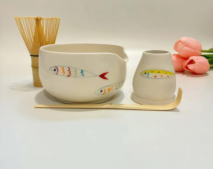 Hand Painted Colorful Fish Ceramic Matcha Bowl Set,Large Capacity Sardine Matcha Bowl Set, Birthday Gift,Personalized Matcha Bowl Set,500ML