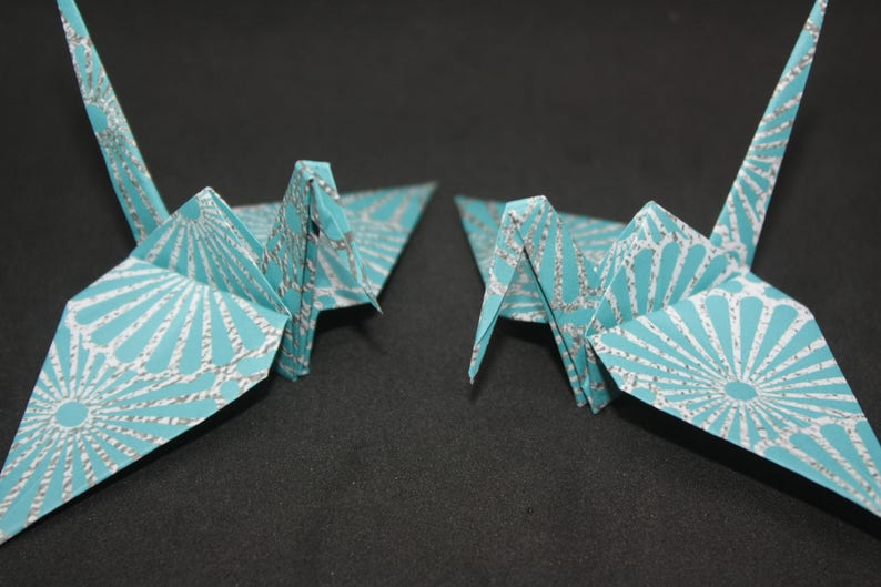 Happiness and Luck Long Life 20 Origami Crane Wedding Favours Aqua and SilverGrey Design Print Bird Symbolising Heath