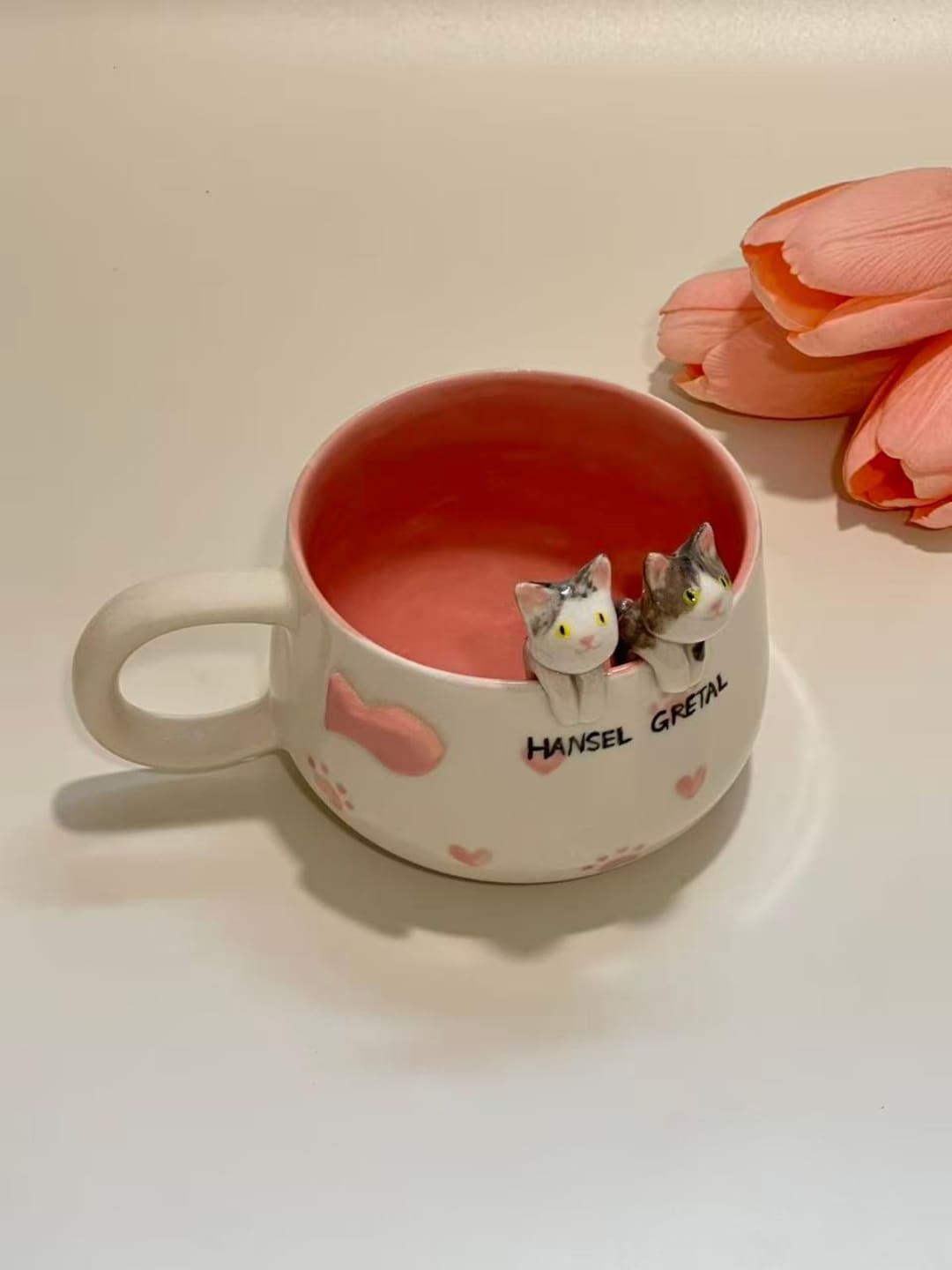 Custom Pink Love and Paw Print Pet Handmade Ceramic Mug/Custom Pet Memorial Gift,Custom Dog Ceramic Mug,Gift For Dog Owner,Birthday Gift