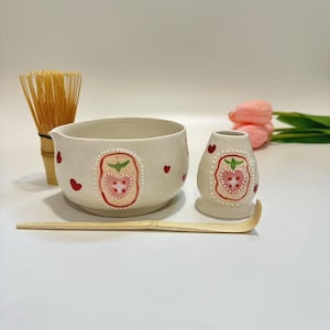 Hand Painted Cute Love Ceramic Matcha Bowl Set,Large Capacity Matcha Bowl Set, Birthday Gift,Personalized Matcha Bowl,Matcha Bowl Set