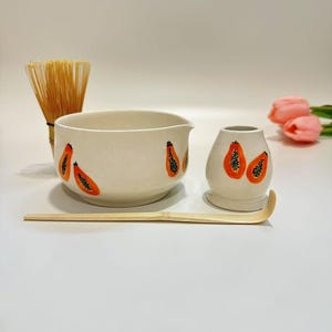 Hand Painted Cute Papaya Ceramic Matcha Bowl Set,Large Capacity Fruits Matcha Bowl, Birthday Gift,Personalized Matcha Bowl,Matcha Bowl Set