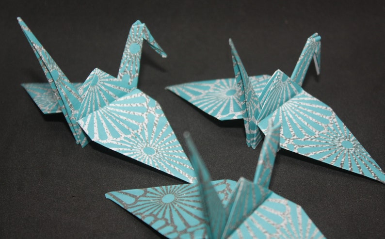 Happiness and Luck Long Life 20 Origami Crane Wedding Favours Aqua and SilverGrey Design Print Bird Symbolising Heath