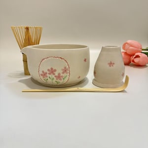 Hand Painted Pink Daisy Ceramic Matcha Bowl Set,Large Capacity Flowers Matcha Bowl Set, Birthday Gift,Personalized Matcha Bowl Set,500ML