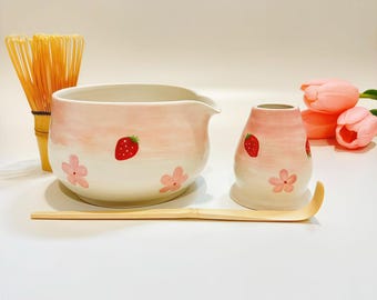 Hand Painted Strawberry Daisy Ceramic Matcha Bowl Set,Large Capacity Matcha Bowl Set, Birthday Gift,Personalized Matcha Bowl,Matcha Bowl Set