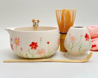 Custom Cute Flowers Pet Ceramic Matchat Set,Custom Pet Ceramic Matcha Bowl,Memorial Gift for Pet Lovers, peekaboo Bowl,Hidden Animal Bowl