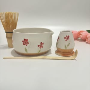 Hand Painted Red Flowers Ceramic Matcha Bowl Set,Large Capacity Matcha Bowl, Birthday Gift,Personalized Matcha Bowl,Matcha Bowl Set