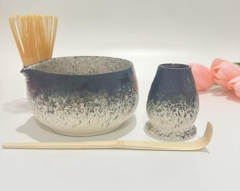 Juego de cuencos de matcha de cerámica pintados a mano: lunares negros, gran capacidad