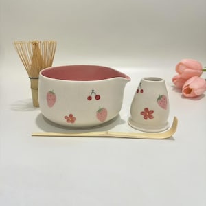 PREORDER Flowers and Fruits Handmade Ceramic Matcha Bowl Set,Large Capacity Matcha Bowl, Birthday Gift,Personalized Matcha Bowl Set,500ML