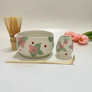 Hand Painted Pink Daisy Love Ceramic Matcha Bowl Set,Large Capacity Matcha Bowl, Birthday Gift,Personalized Matcha Bowl,Matcha Bowl Set