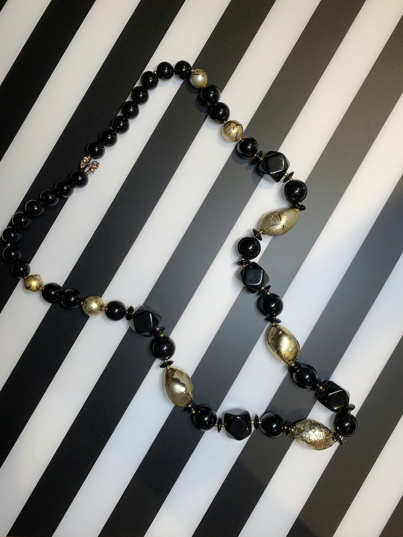 Vintage gold and black beaded necklace bohemian chic style