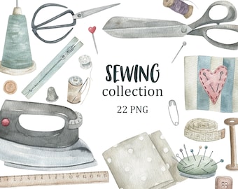 Watercolour Sewing Collection. Needlework clipart, PNG