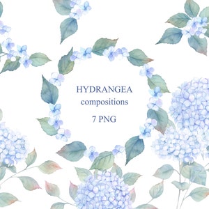 Watercolor Blue Hydrangea Flowers Compositions, Wreath. Floral Collection. Watercolour Frame, Border, Wedding  invitations,  clipart, PNG