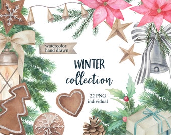 Watercolor Winter Collection. Individual Christmas Clip Art.