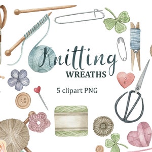 Knitting clipart collection. Watercolor crochet wreaths, frames, PNG