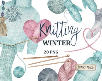 Knitting Winter. Watercolor Crochet and Knitting clipart, PNG