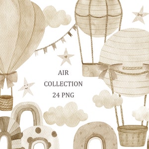 Air Kollektion. Aquarell Neutral Heißluftballons Clipart, Babyparty, Geburtstag, Kinderzimmer beige Wanddekor, Kinder, digitaler Download, png