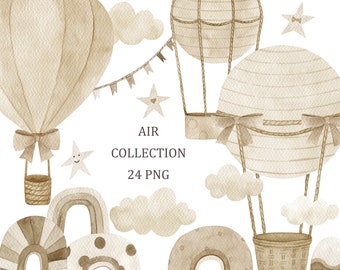 Raccolta dell'aria. Clipart di mongolfiere neutre dell'acquerello, Baby Shower, compleanno, decorazione della parete beige della scuola materna, bambini, download digitale, png