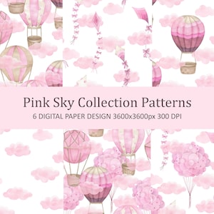 Pink Sky Collection Patterns. Watercolor digital background. Printable scrapbooking paper, fabric pattern. 12x12'', JPEG.