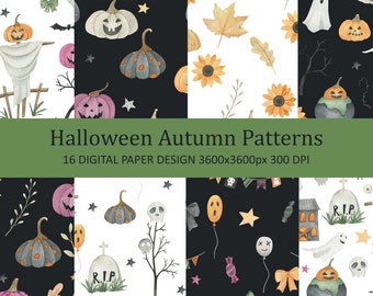 Happy Halloween Autumn digital paper. Watercolor  pumpkins,  leaves, spider, ghost, digital seamless paper pack 12''x12'' JPG