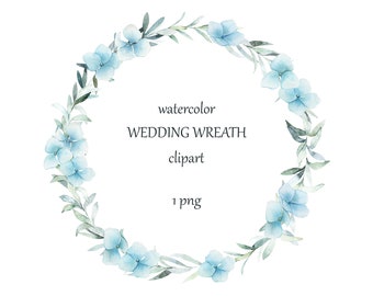 May include: Watercolor wedding wreath clipart featuring light blue hydrangea flowers and green leaves arranged in a circular design. The text "watercolor WEDDING WREATH clipart 1 png" is included.