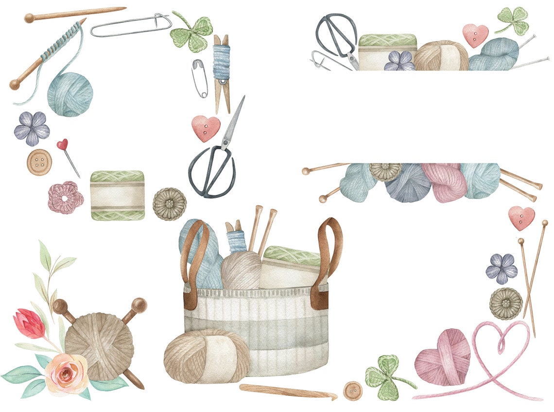 Knitting Clipart Collection. Watercolor Crochet Wreaths, Frames, PNG - Etsy