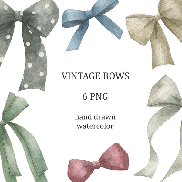 Watercolor Vintage Bows Collection Clip Art. Baby shower, birthday card making, instant download