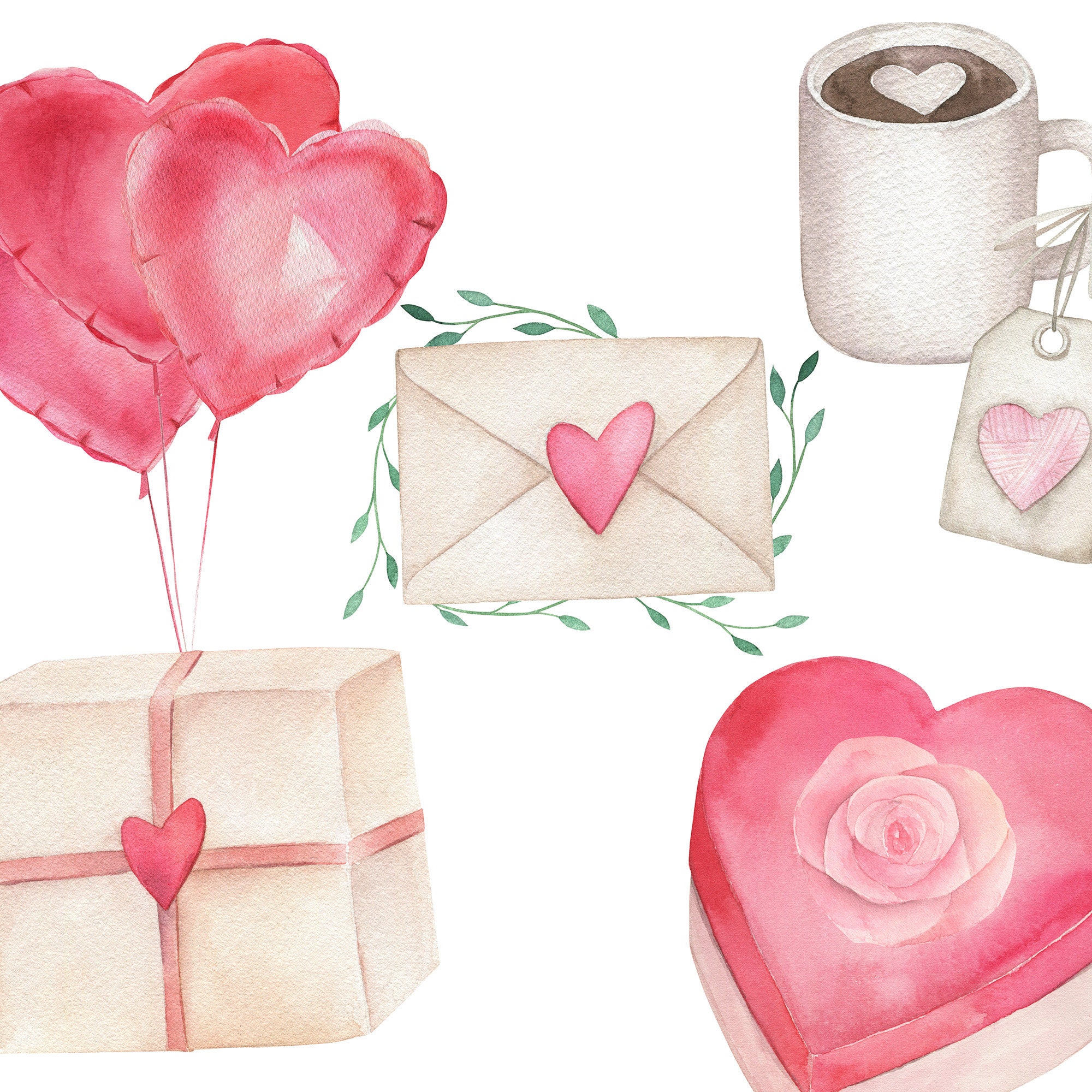 Watercolor Valentine's Day Clipart Set. Hearts, Ballons, Digital