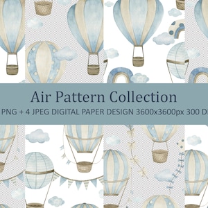Air Pattern Kollektion. Aquarell Heißluftballon, Seamless Datei, Stoffdruck, Digital Download, PNG, JPEG