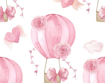 Watercolor Pink Hot Air Ballon With Hearts, Seamless Pattern. Baby Shower, Birthday, Fabric Print, Commercial Use, Digital Download