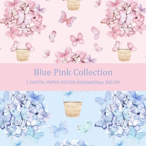 Aquarell Blau Rosa Blumen Niedlichen Ballon Mit Schmetterlingen Nahtlose Muster Sammlung. Stoffdruck, Kommerzielle Nutzung, Digitaler Download