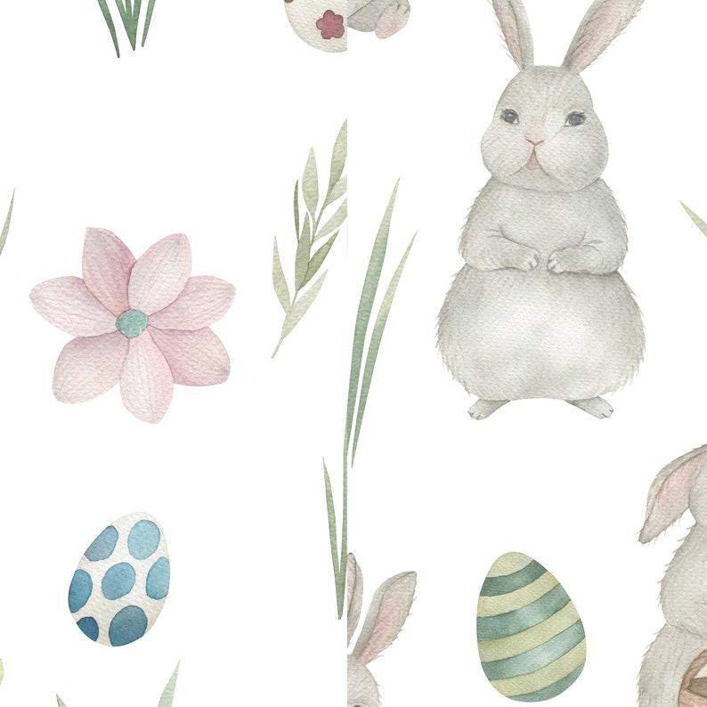 May include: A seamless pattern featuring watercolour illustrations of bunnies, eggs, flowers, and grass. The bunnies are white with pink noses and are standing upright. The eggs are decorated with polka dots and stripes. The flowers are pink with a yellow centre. The grass is green.