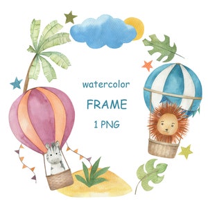 Aquarell afrikanischer Abenteuerrahmen Clipart. Kranz mit Heißluftballons, Löwe, Zebra für Kinder, Party, Babyparty, PNG