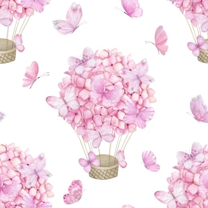 Aquarell-Blumenniedlicher Ballon mit Schmetterlingen-nahtlosem Muster. Stoffdruck, Kommerzielle Nutzung, Digitaler Download